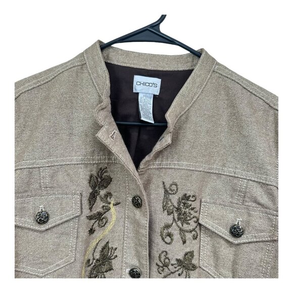 Chicos Metallic Embroidered Button-Up Jacket SZ 2 Beige Long Sleeve Cotton Blend - Picture 14 of 16